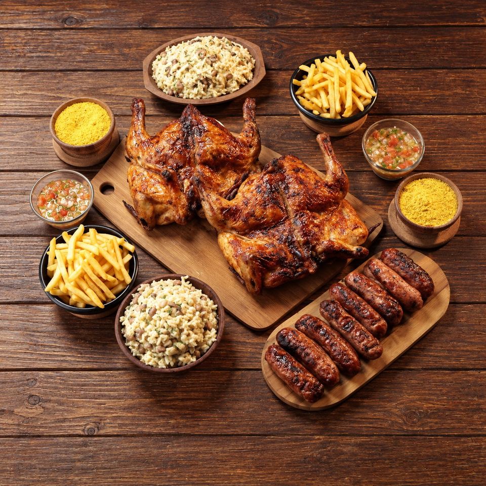 Grande Família: dois galetos assados na brasa com dois baiões de dois, oito linguiças toscanas, batatas fritas, farofas e vinagretes